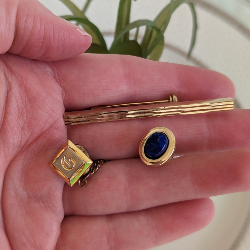 Set of 3 Tie Tacs Blue Lapis "G" initial Diamonds Cut Tie Bar Bundle
